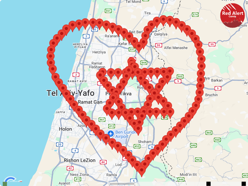 A heart-shaped map of Israel with rocket pins.