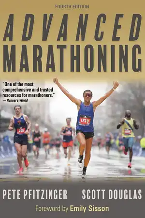 Book cover for the fourth edition of Advanced Marathoning by Pete Pfitzinger and Scott Douglas. A marathon runner crosses a rain-soaked course with both arms raised, while other runners follow behind. The cover notes a foreword by Emily Sisson.